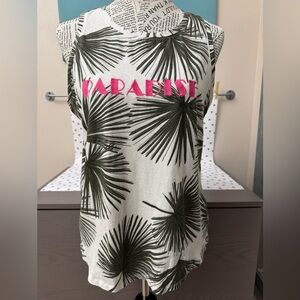 Women's a new day Tank Top Green Palm Fronds Pink PARADISE embroidery Vacation L